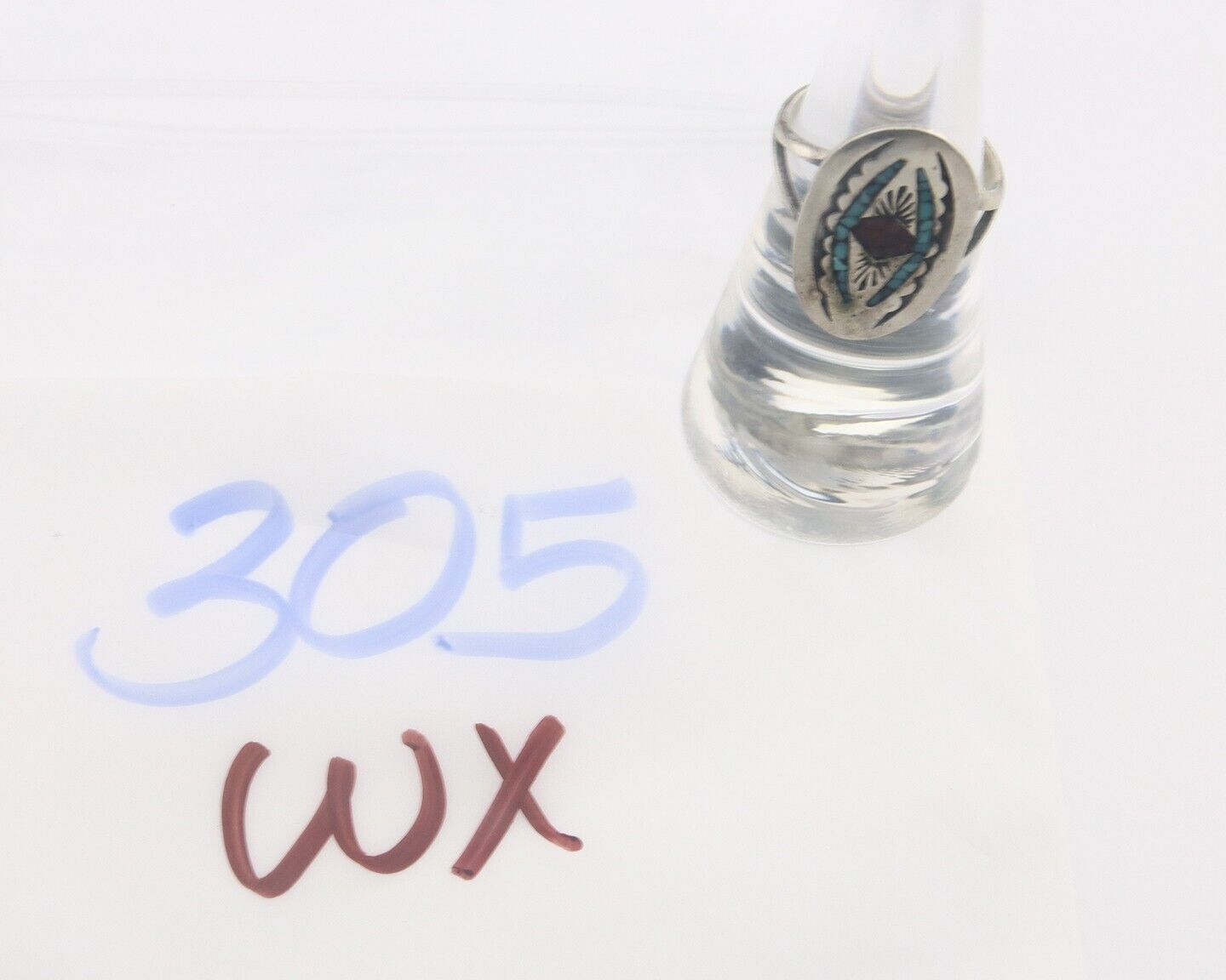 Navajo Ring 925 Sterling Natural Chip Inlay Coral & Turquoise C.80's Size 6.0