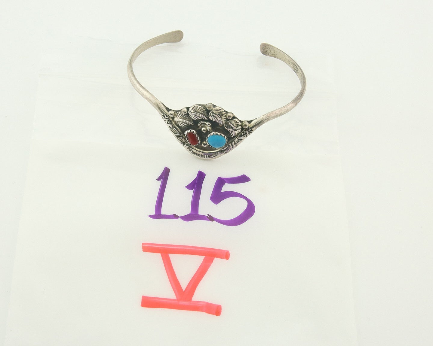 Navajo Bracelet 925 Silver Coral & Turquoise Cuff Signed Running Bear C.80's