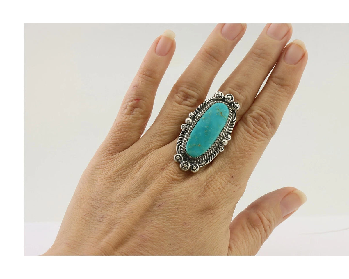 Navajo Ring 925 Silver Blue Gem Turquoise Native American Artist C.80's