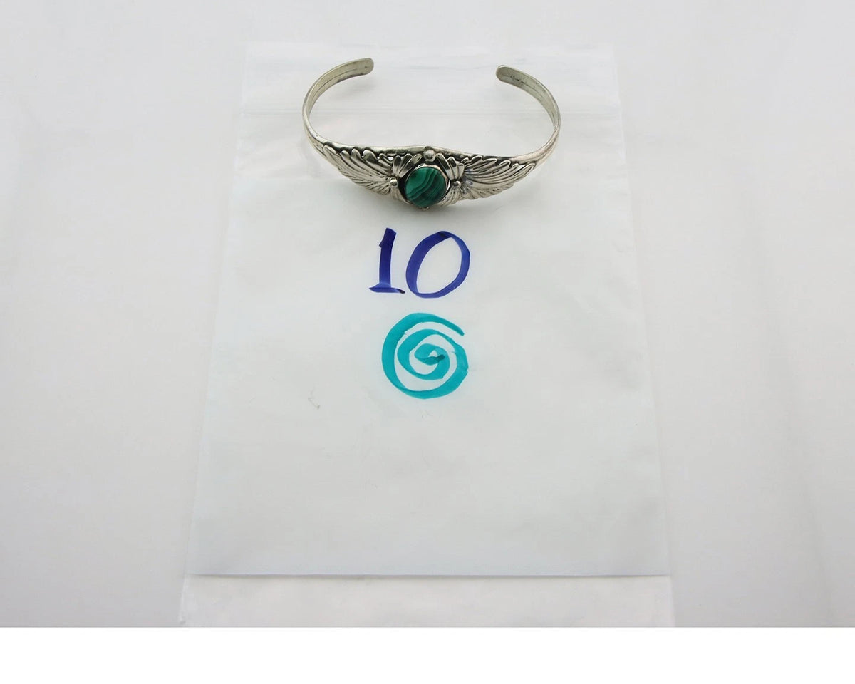 Navajo Cuff Bracelet Sterling Silver Malachite Vintage Signed TW
