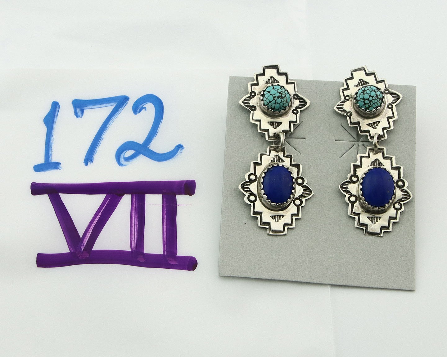 Navajo Earrings Sterling Silver Lapis & Truquoise Vintage Signed Mary Ellen