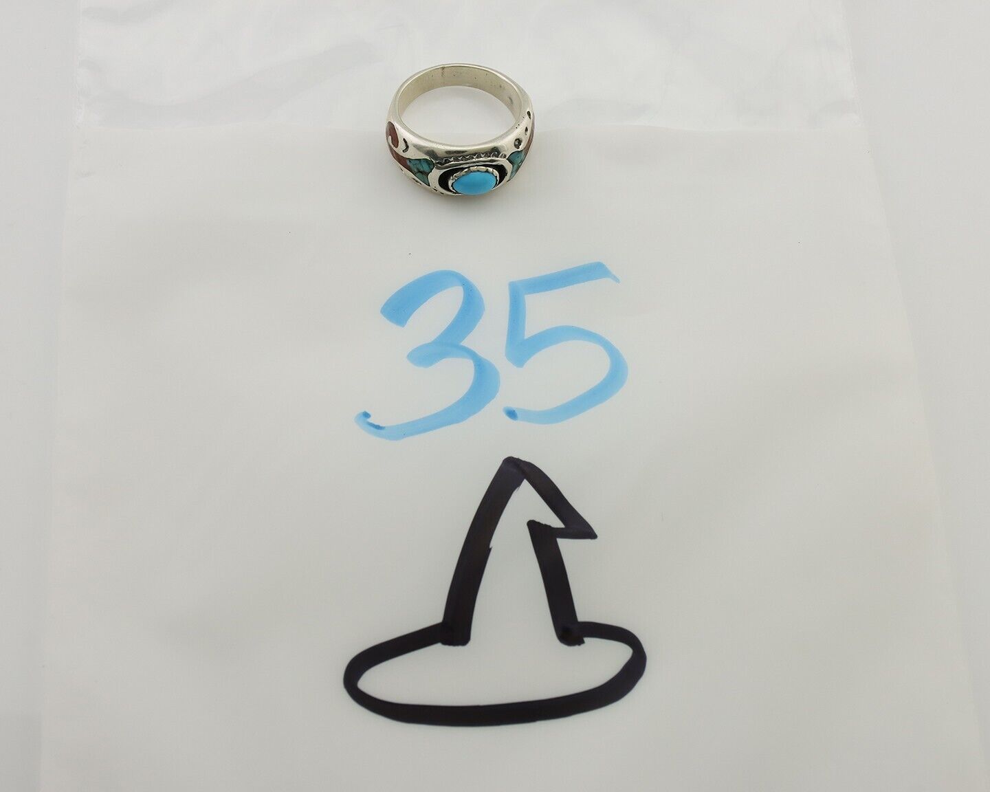 Navajo Ring 925 Silver Turquoise & Coral Natural American Artist C.80's