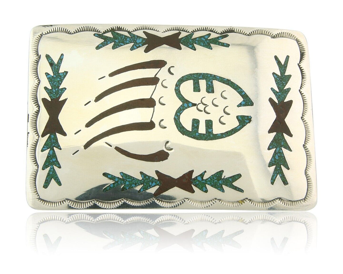 Vintage Navajo Belt Buckle 925 Silver Handmade Inlaid Gemstone Signed HB