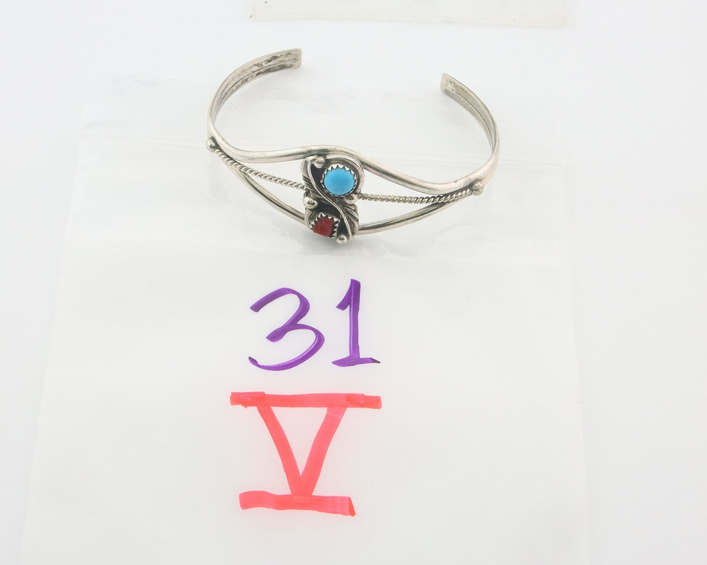 Navajo Bracelet 925 Silver Coral & Turquoise Cuff Signed Running Bear C.80's