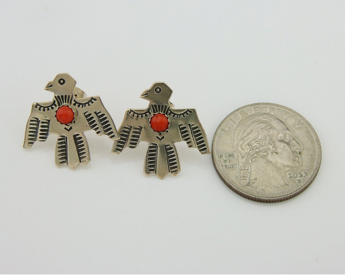 Navajo Thunderbird Earrings 925 Silver Natural Red Coral Native Artist C.80's