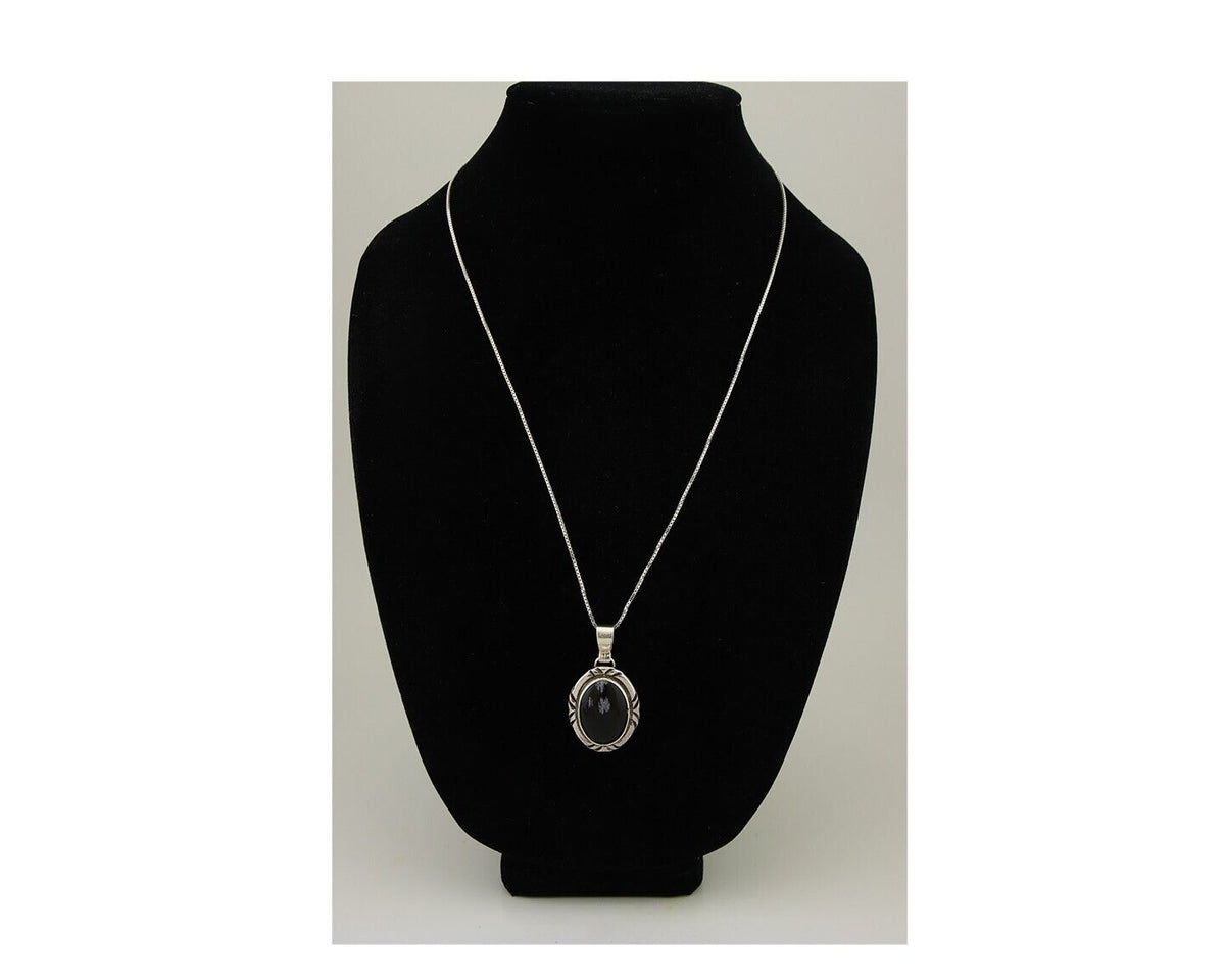 Navajo Necklace 925 Silver Onyx Natural Snowflake Agate Signed Native American