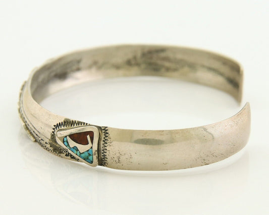 Navajo Bracelet 925 Silver Inlaid Turquoise Coral Native American Artist C.80's
