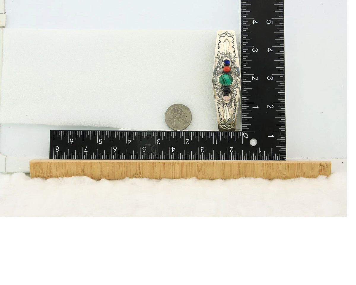 Navajo Barrette Sterling Silver Gemstones Hand Stamped Vintage Signed