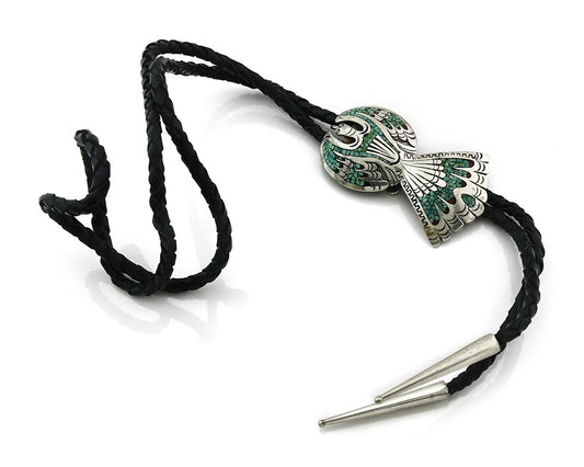 Navajo Phoenix Bolo Sterling Coral & Turquoise Vintage Authentic Signed LB