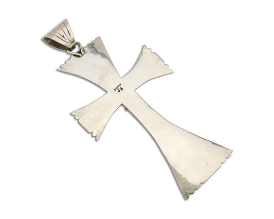 Large Navajo Cross Pendant 925 Silver Mediterranean Coral Artist Signed JB C.80s