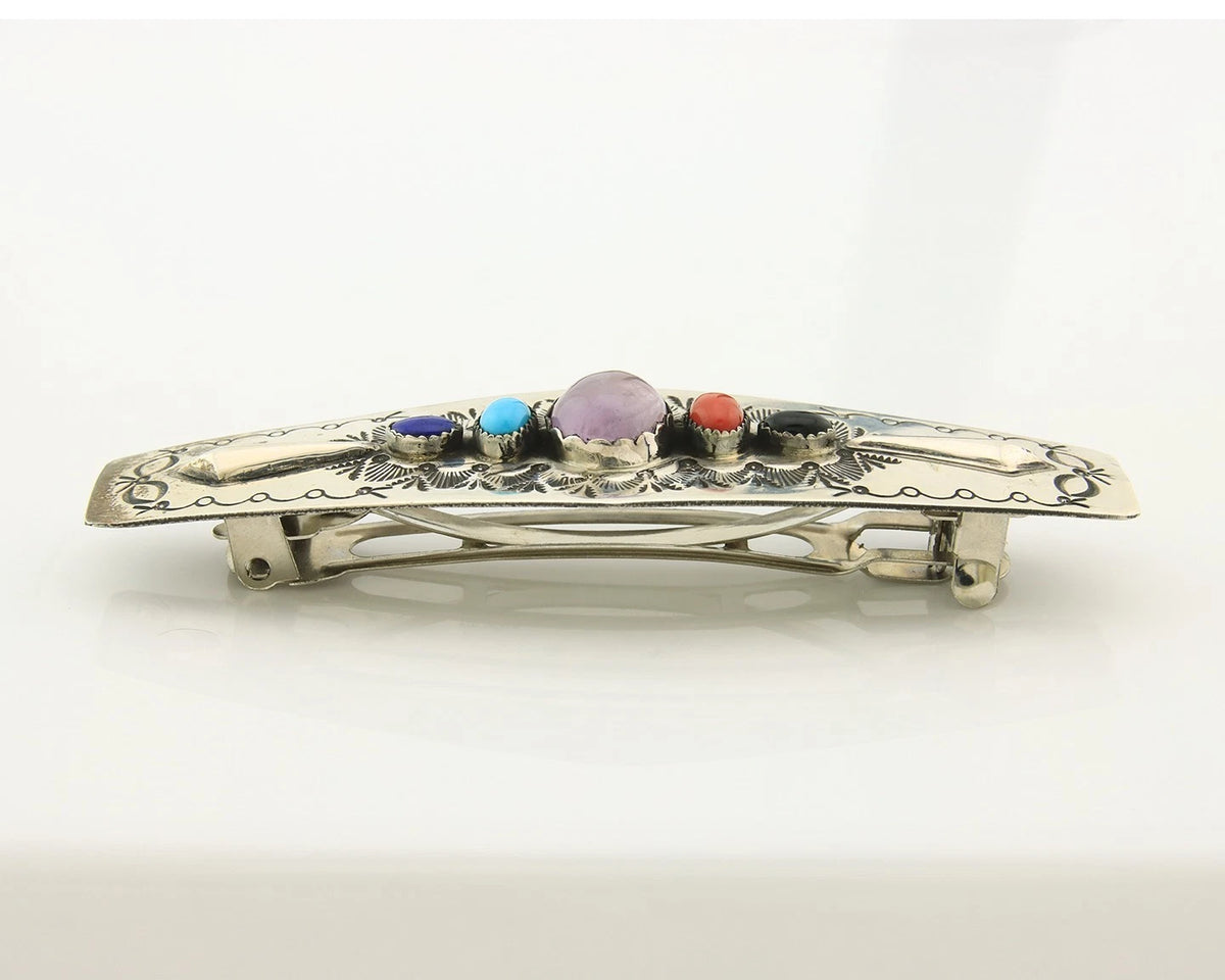 Navajo Barrette Sterling Silver Gemstones Hand Stamped Vintage Signed WS