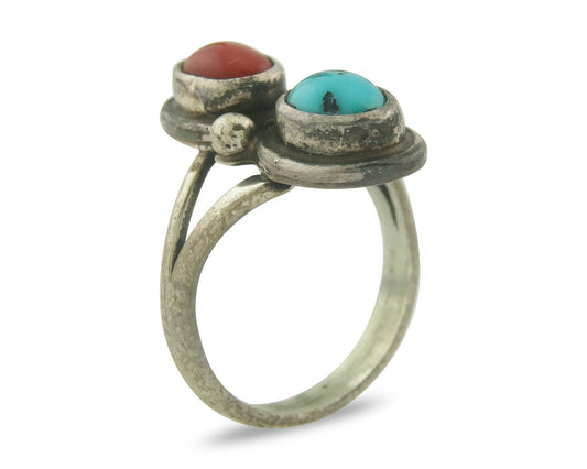 Vintage Navajo Ring 925 Sterling Natural Coral & Turquoise Native Artist Sz 6.0