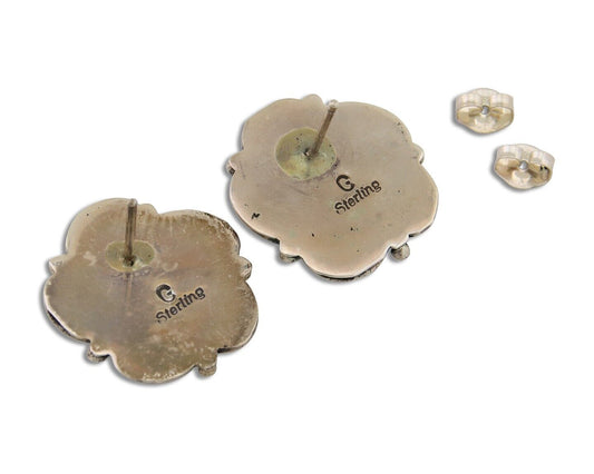 Navajo Earrings 925 Silver Inlaid Natural Turquoise Artist Signed G C.80s