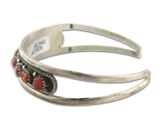 Vintage Navajo Bracelet 925 Silver Red Coral Handmade Signed I. D.