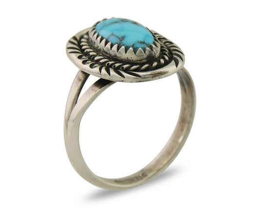 Navajo Hand Stamped Ring 925 Silver Natural Turquoise Native Artist C.80's
