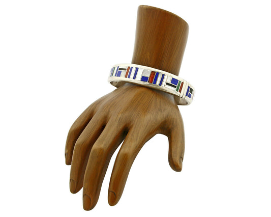 Early Artist David Freeland Inlaid Natural Gemstone .925 SOLID Silver Cuff