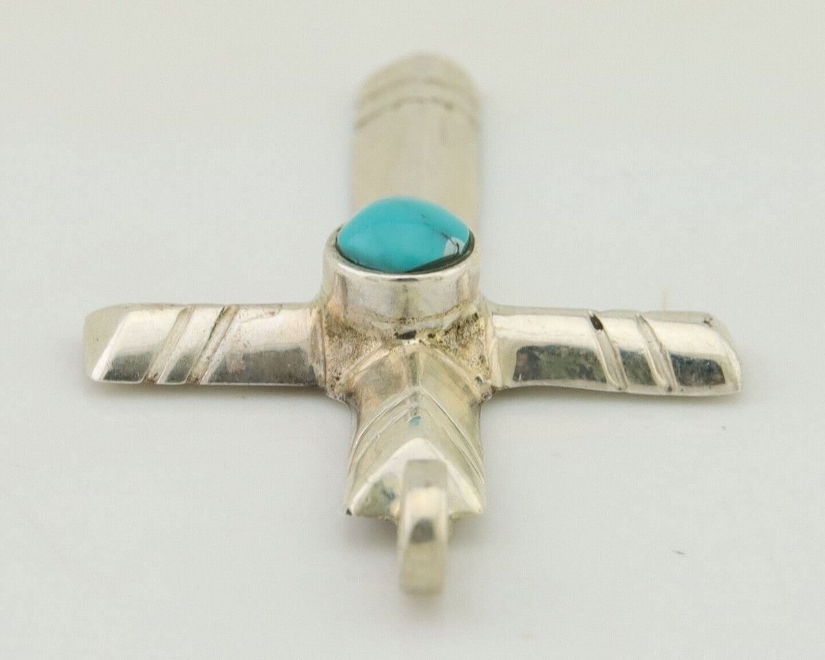 Navajo Sand Cast Cross Pendant 925 Silver Turquoise Artist Signed J Yazzie C.80s