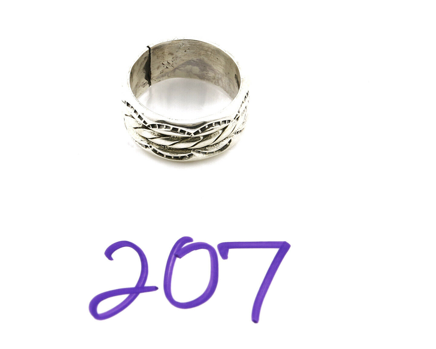 Navajo Ring .925 Silver Handmade Hand Stamped 3 Row Rope Band C.1980's Size 6.75