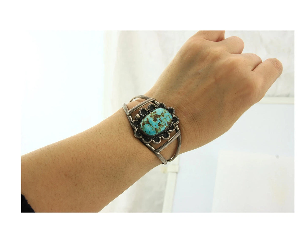 Navajo Cuff Bracelet Sterling Silver Turquoise Vintage Artist Signed JP