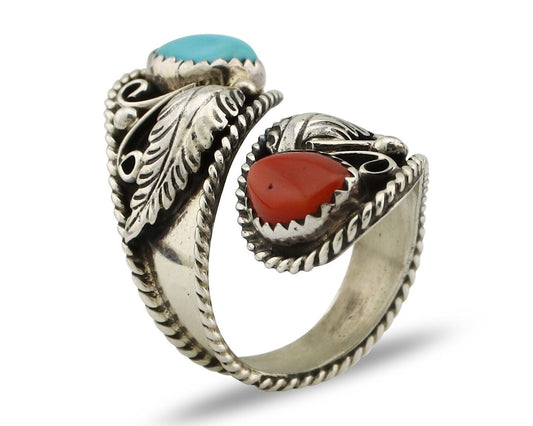 Navajo Adjustable Ring 925 Silver Turquiose & Coral Artist Signed R C.80's