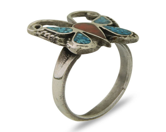 Navajo Handmade Butterfly Ring 925 Silver Coral & Turquoise Native Artist C.80's