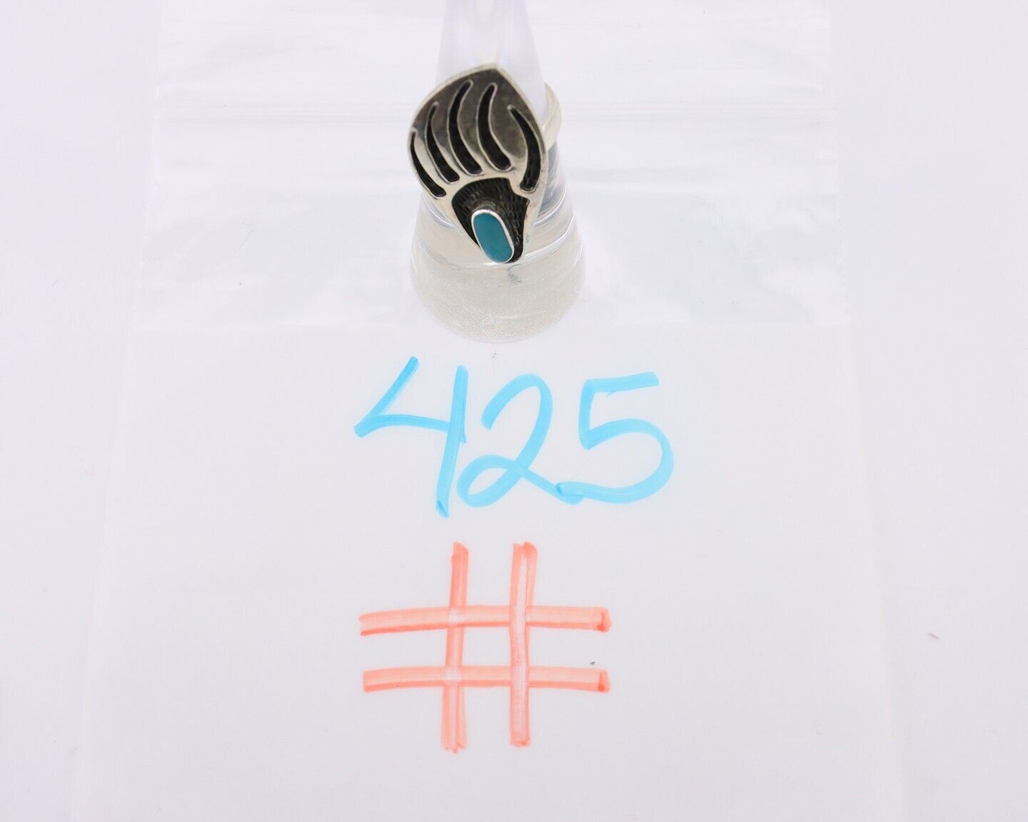 Navajo Badger Paw Ring 925 Silver Turquoise Native American Artist C.80's