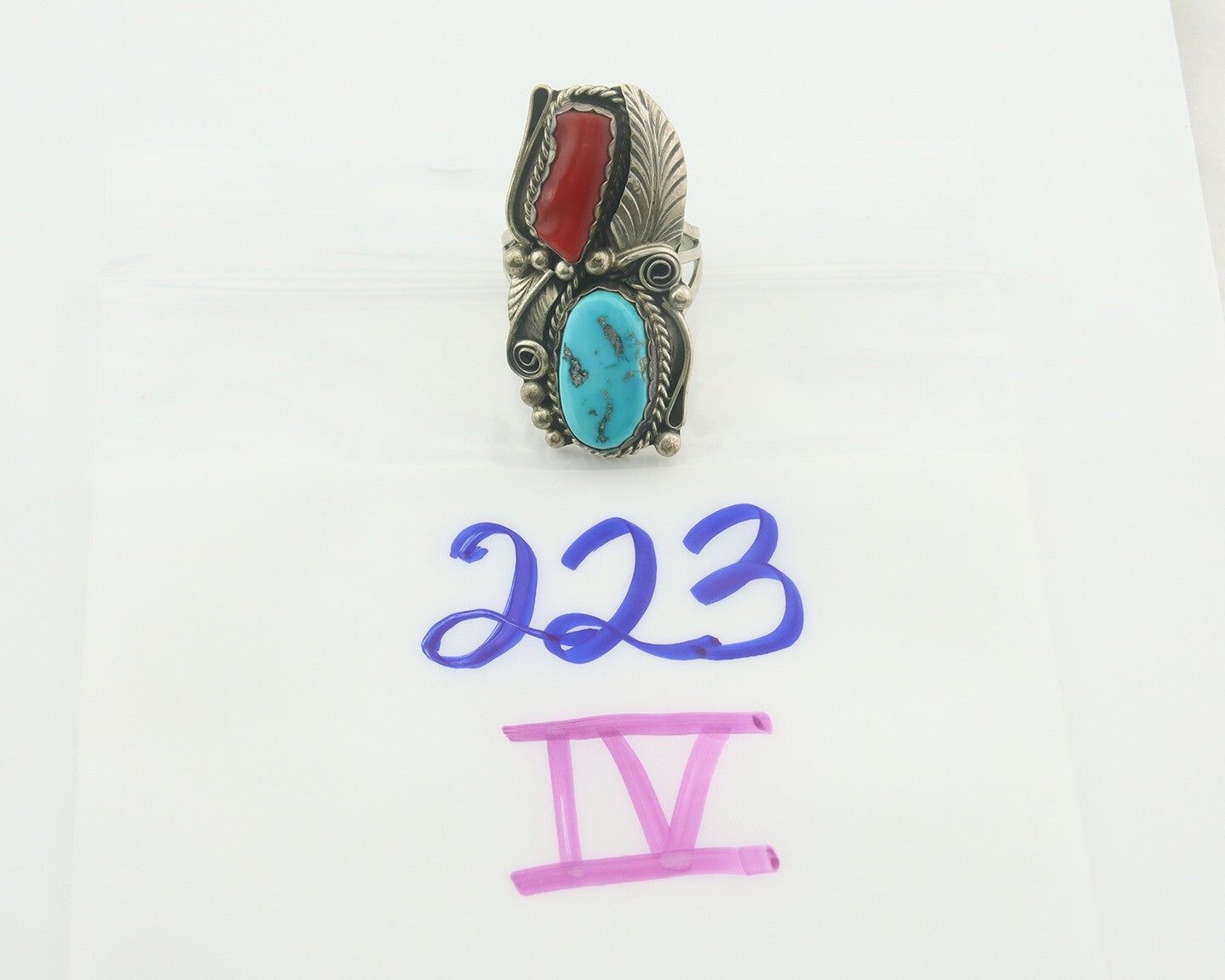 Navajo Ring 925 Sterling Natural Coral & Turquoise Signed JM C.80's Size 10.75