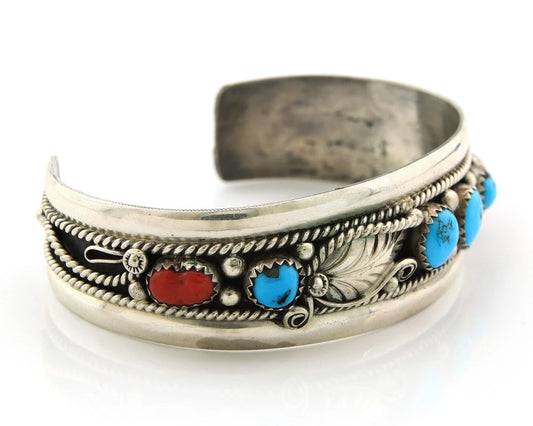 Navajo Cuff Bracelet Sterling Silver Turquoise & Coral Signed Randy Endito