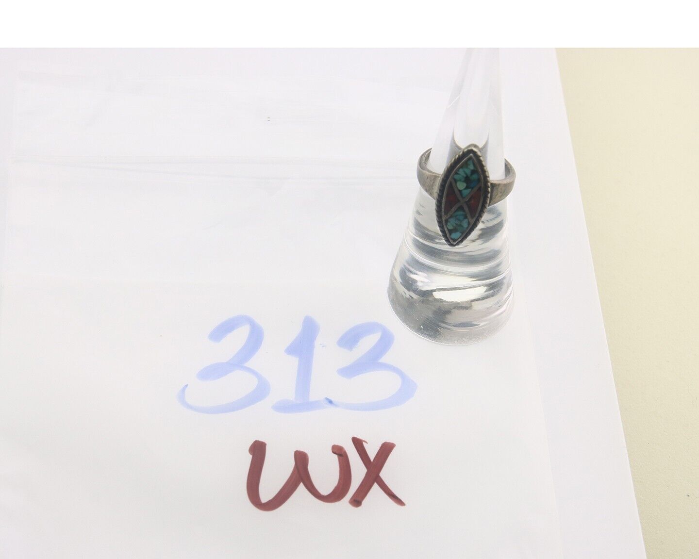 Navajo Ring 925 Sterling Natural Chip Inlay Coral & Turquoise C.80's Size 5.25