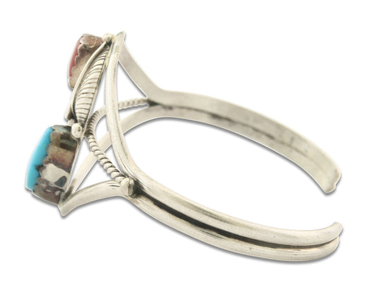 Vintage Navajo Bracelet 925 Silver Red Coral Turquoise Signed Paul J