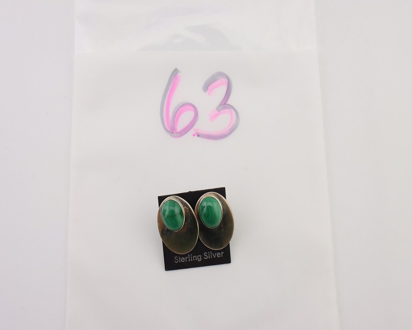 Navajo Shield Earrings 925 Silver Natural Malachite Signed Ella Peters C.80's