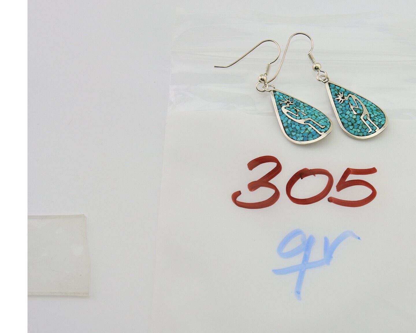 Navajo Kokopelli Earrings 999 Nickel Chip Inlay Turquoise Coral Native American