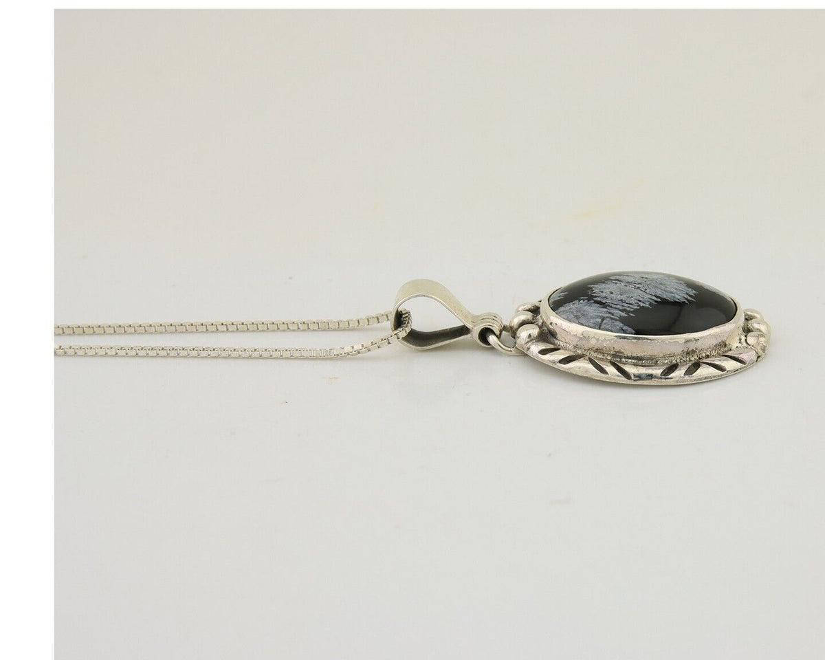 Navajo Necklace 925 Silver Onyx Natural Snowflake Agate Signed Native American