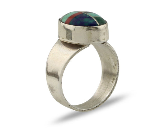 Zuni Inlaid Ring 925 Silver Mixed Natural Gemstones Native American Artist C.80s