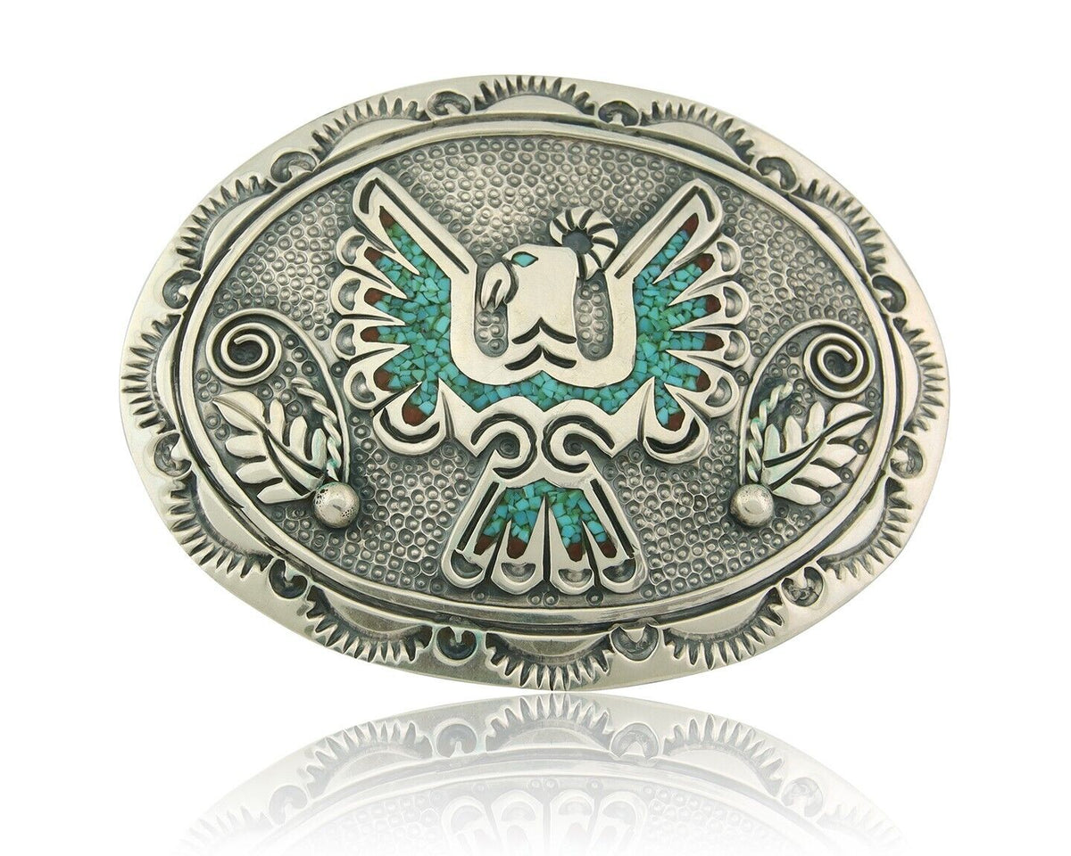 Vintage Navajo Belt Buckle 925 Sterling Silver Inlaid Gemstone Stanely Bain