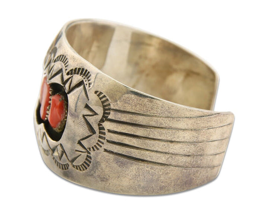 Navajo Bracelet .925 Silver Red Coral Cuff Artist Signed NP C.80's