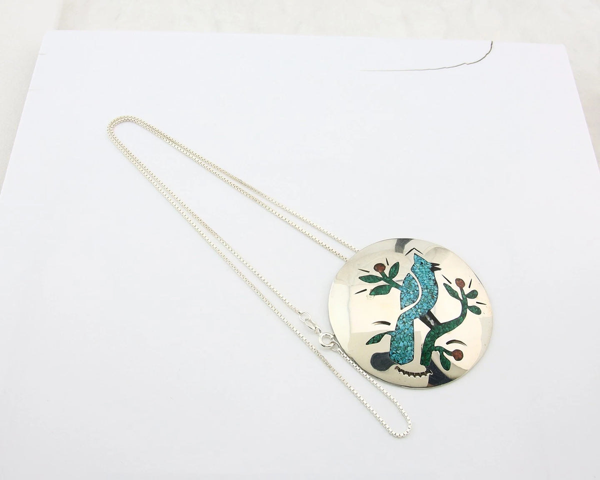 Navajo Blue Jay Necklace Sterling Silver Natural Green Gemstones Signed JS