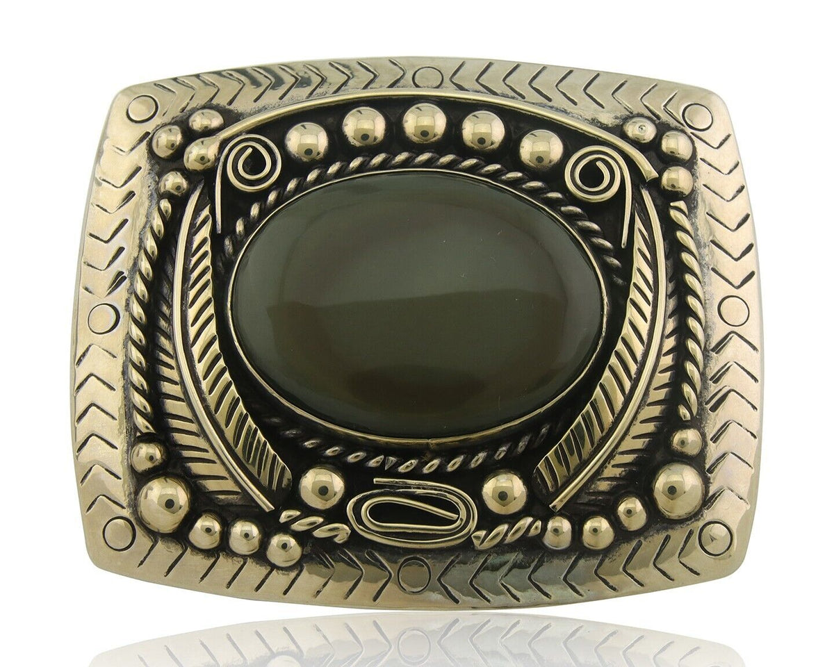 Navajo Belt Buckle .999 Nickel Agate Native Artist Handmade 2.5 x 3.0 in C.80s