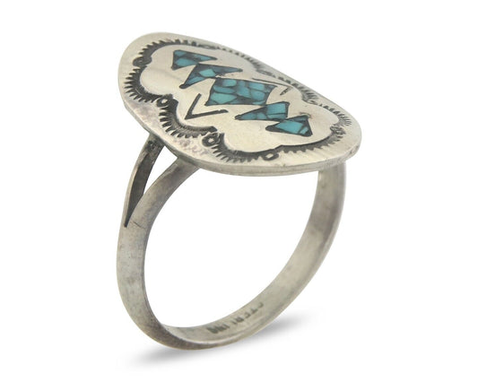 Navajo Ring 925 Sterling Natural Chip Inlay Coral & Turquoise C.80's Size 7.5