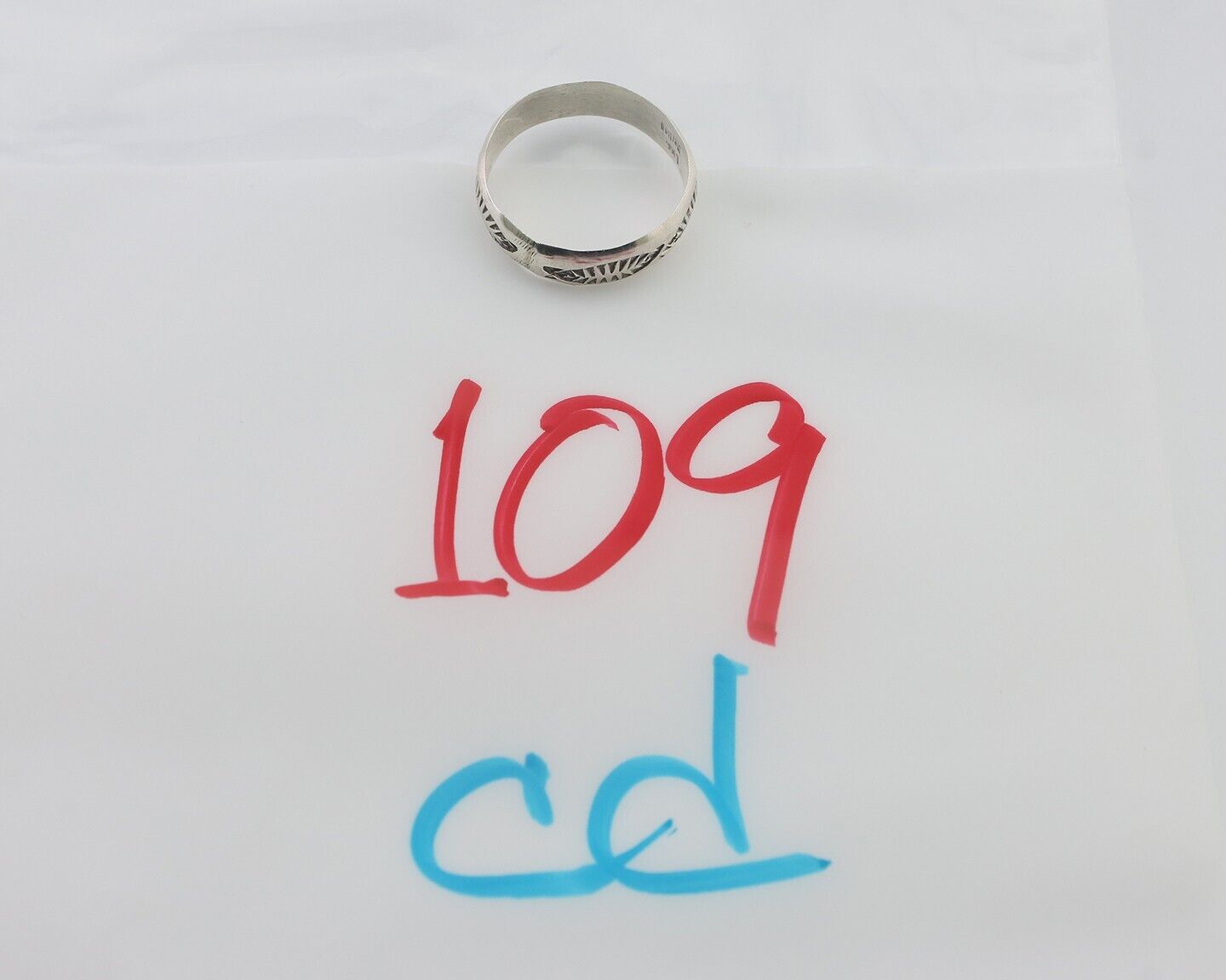 Navajo Hand Stamped Band 925 Silver 5.0 mm Signed Larry Chavez Size 6.35 C.80's