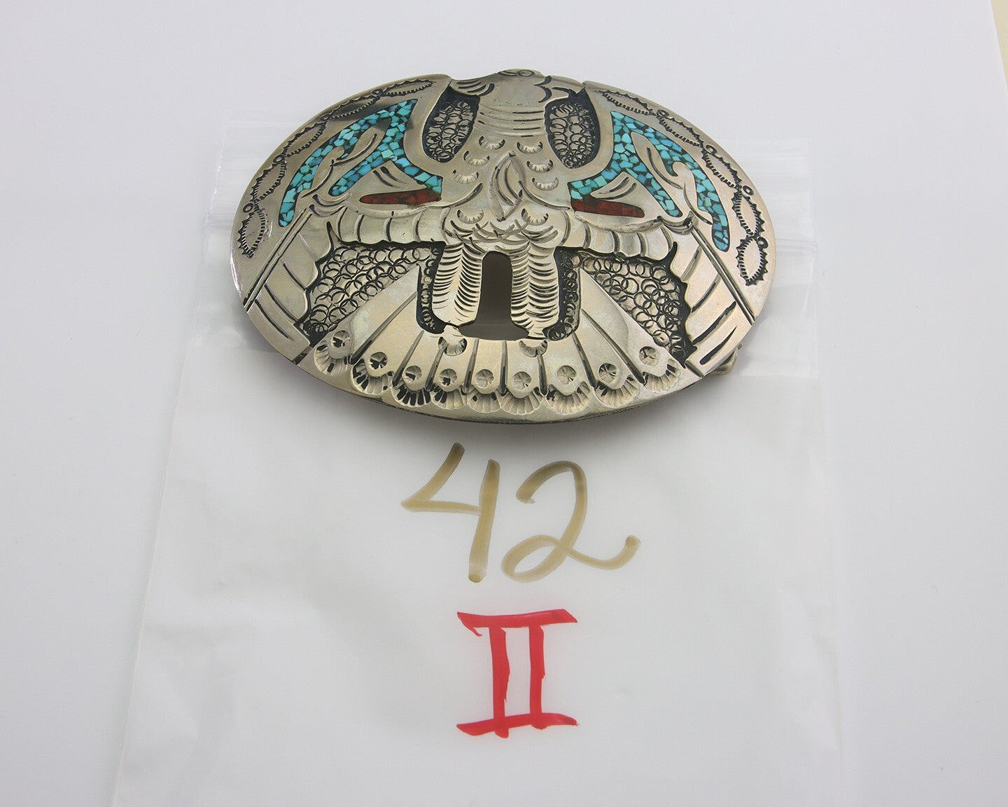 Navajo Belt Buckle .999 Nickel Buffalo Gemstone Signed Jimmie Nezzie 3x3.5in C80