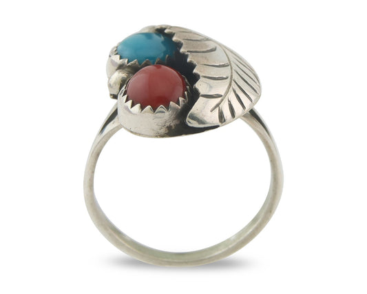 Navajo Ring 925 Sterling Natural Coral & Turquoise Signed BB C.80's Size 6.0