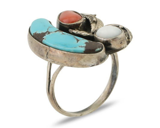Vintage Handmade Navajo Ring Turquoise & Coral 925 Silver Size 7.5 C.80's