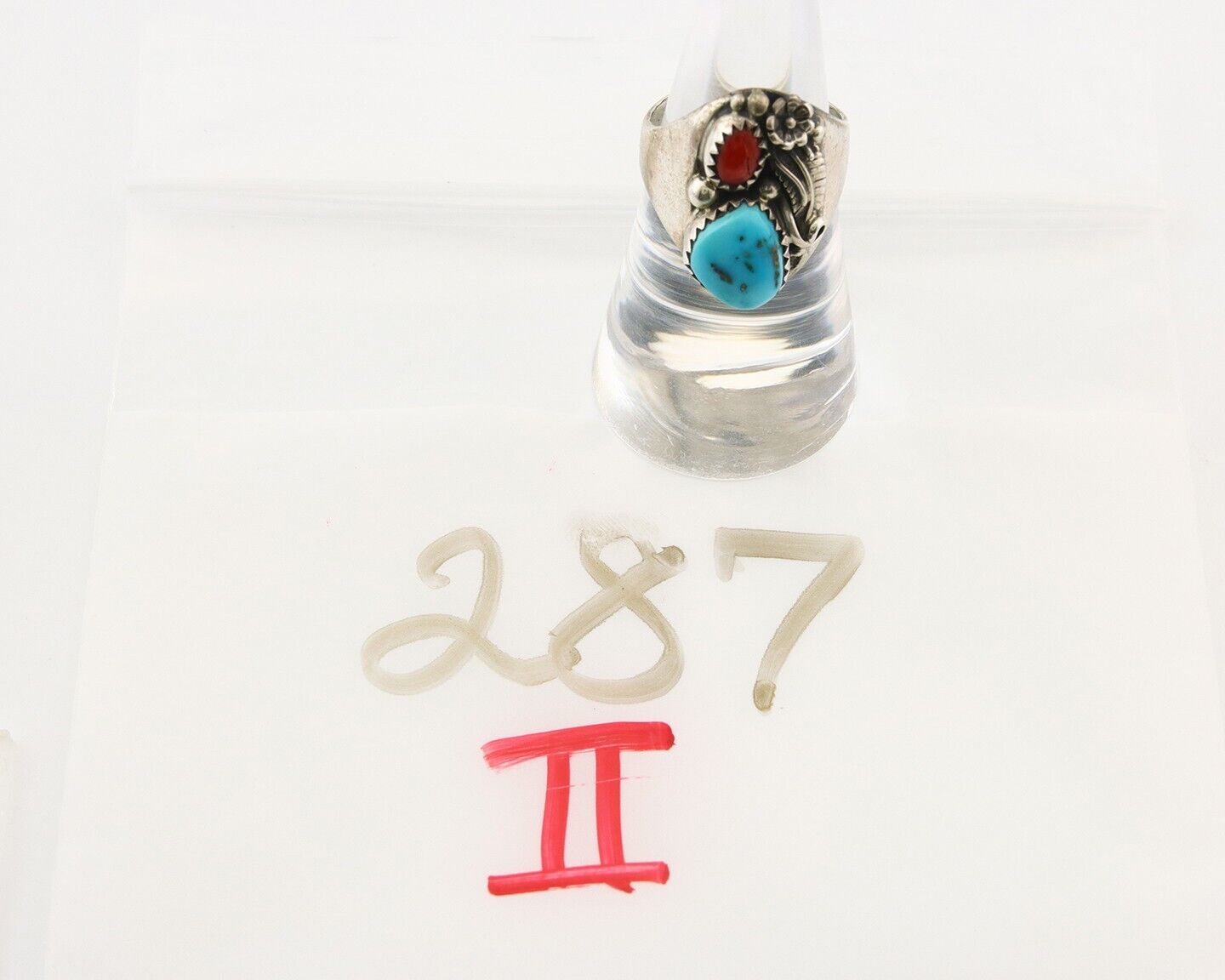 Navajo Ring 925 Sterling Turquoise & Coral Native Artist C.80's Size 6.5