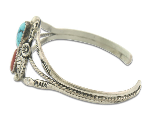 Vintage Navajo Bracelet 925 Silver Red Coral Turquoise Signed C