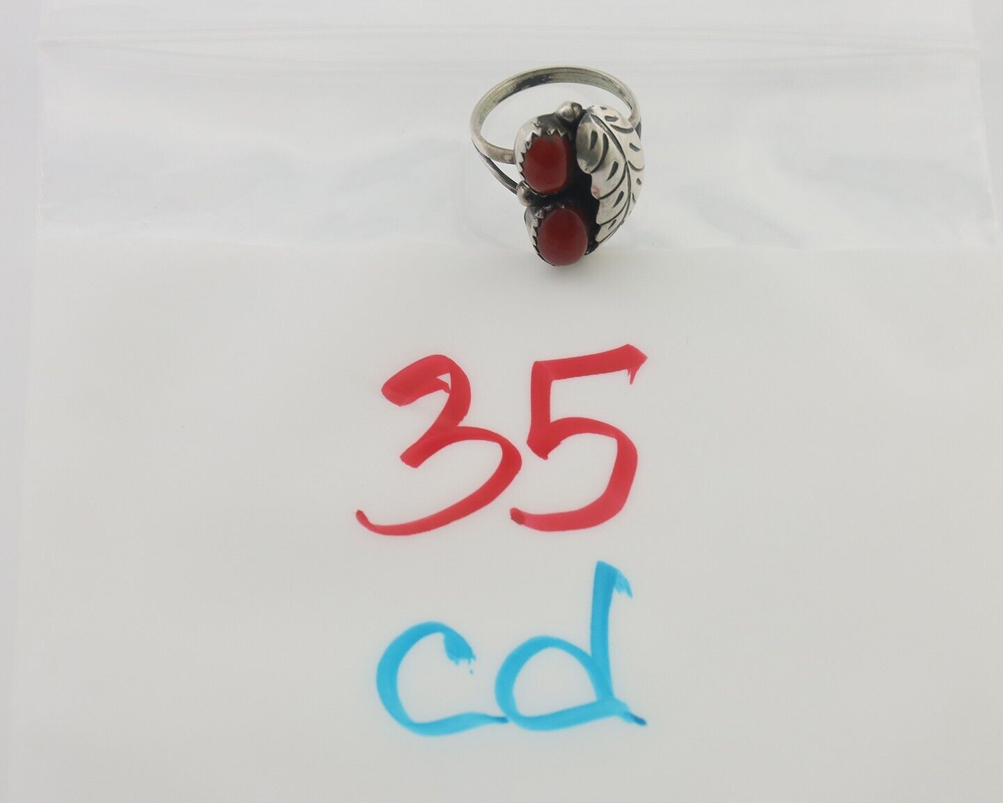Navajo Handmade Ring 925 Silver Natural Mediterranean Coral Signed 88 C.80's