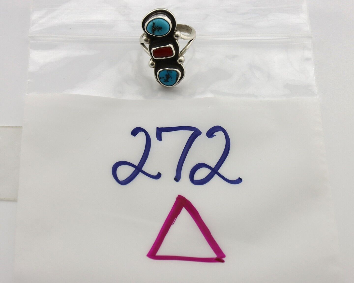 Navajo Ring 925 Silver Sleeping B Turquoise & Coral Native American Artist C.80s