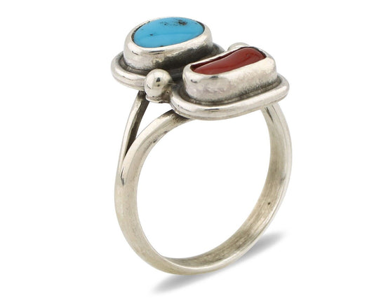 Navajo Ring 925 Silver SB Turquoise & Red Coral Native American Artist C.80s