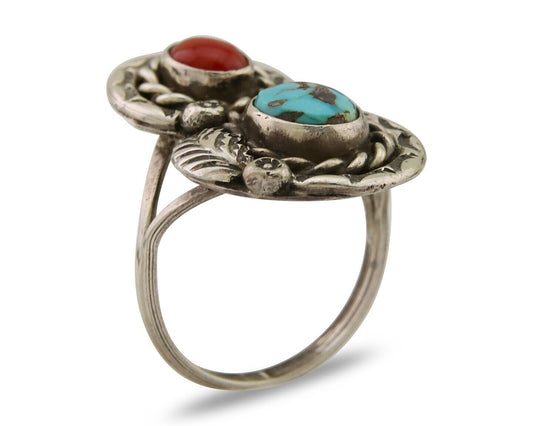 Navajo Ring 925 Silver Turquoise & Coral Native American Artist C.80's