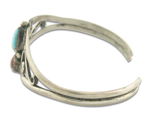 Vintage Navajo Bracelet 925 Silver Red Coral Turquoise Signed S